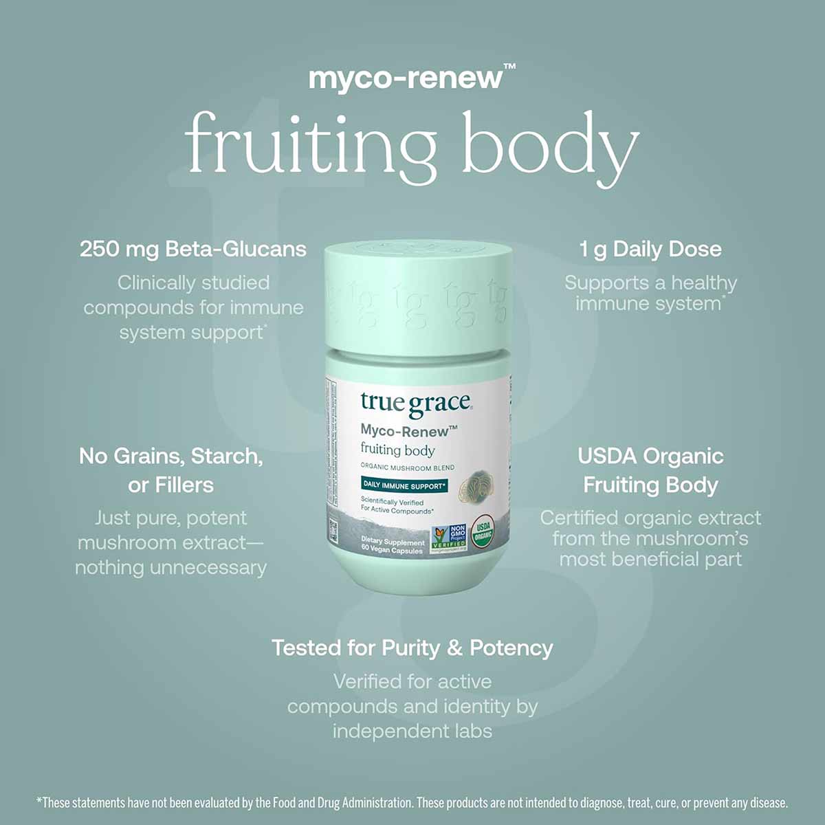 Light green bottle of True Grace Myco-Renew fruiting body supplement capsules with product information displayed on sage back