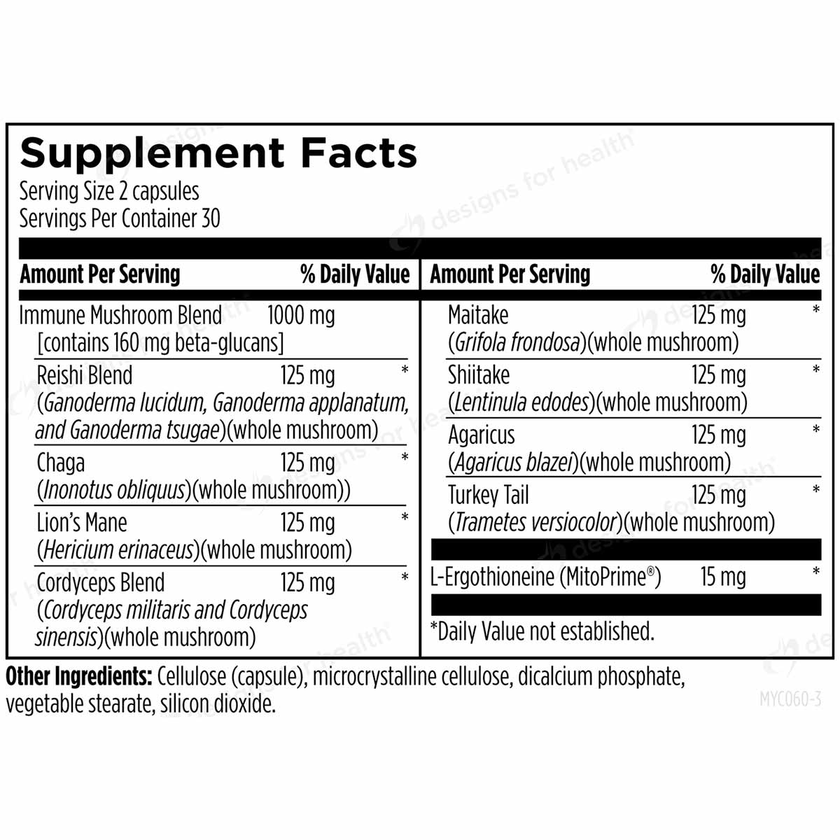 Supplement Facts label for MycoSupreme capsules listing mushroom blends, serving size, and daily value information.
