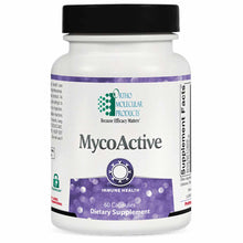 White bottle with black cap labeled MycoActive by Ortho Molecular Products, 60 capsules dietary supplement.