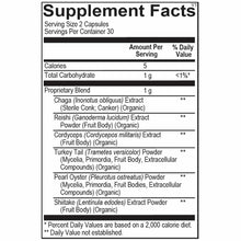 Supplement Facts label showing serving size, nutritional information, and proprietary mushroom blend ingredients for MycoActi