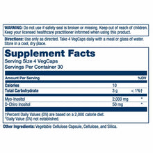 Supplement label for Myo+ D-Chiro Inositol showing serving size of 4 VegCaps daily with ingredient and nutrition information.