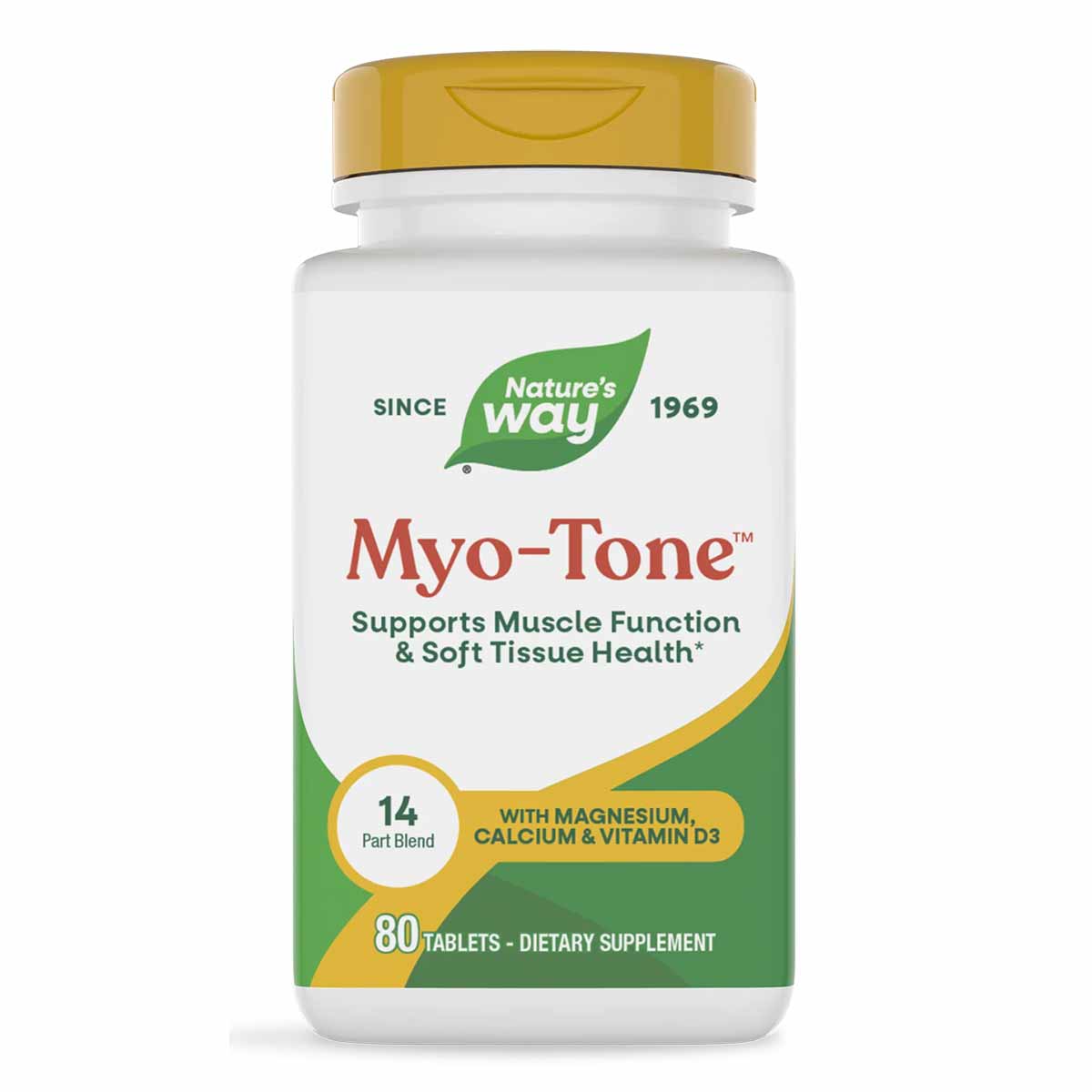 Myo-Tone dietary supplement bottle with gold cap, 80 tablets, by Nature's Way with green and white label.