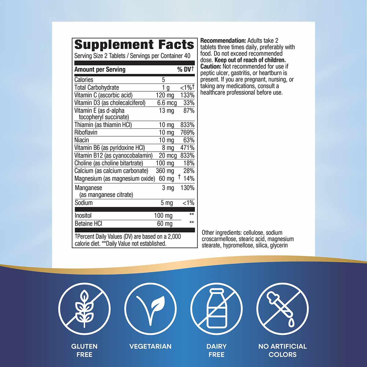 Supplement Facts label for Myo-Tone joint health tablets showing vitamins, minerals, and ingredients with dietary certificati