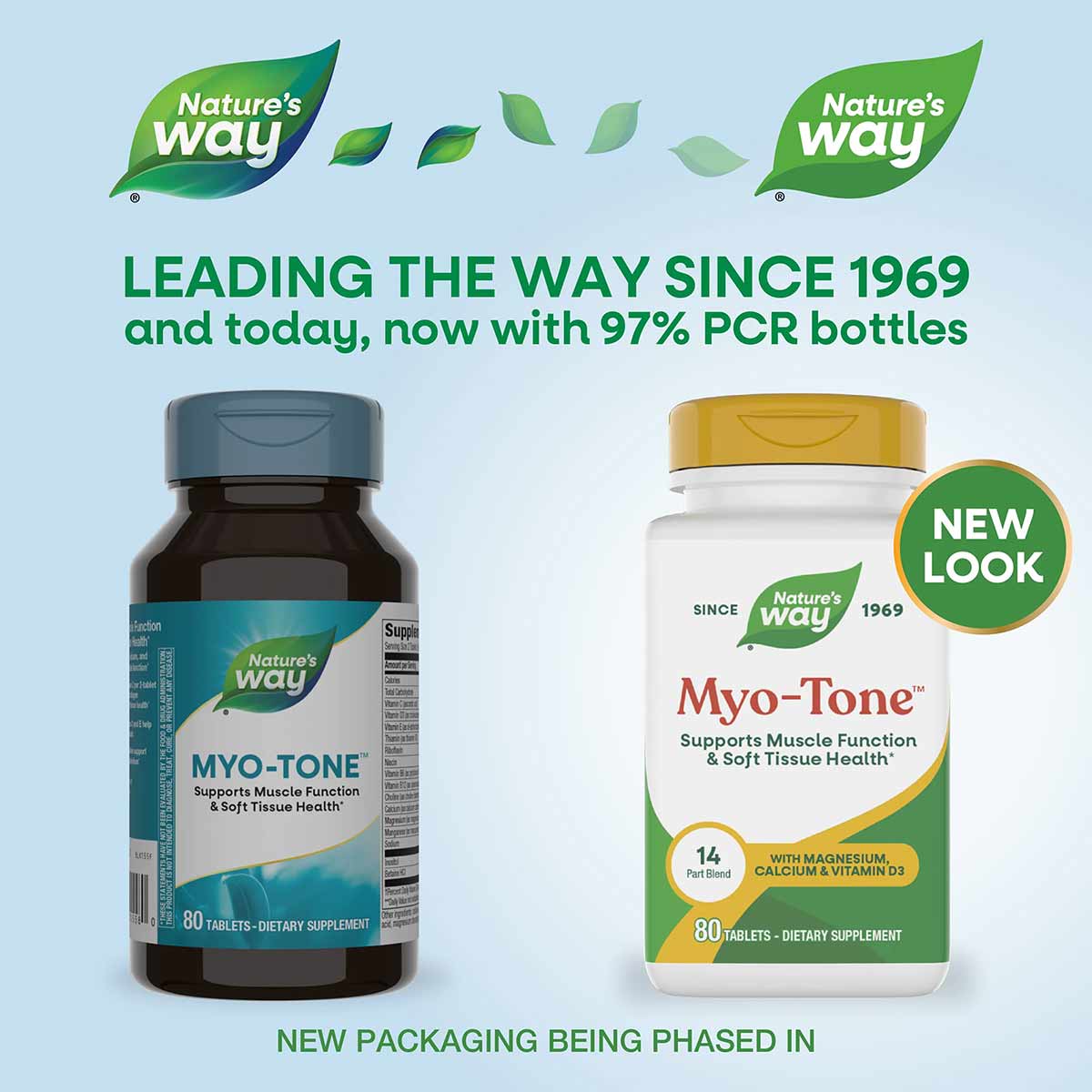 Nature's Way Myo-Tone supplement bottles shown in old dark blue and new white packaging with gold caps, each containing 80 ta