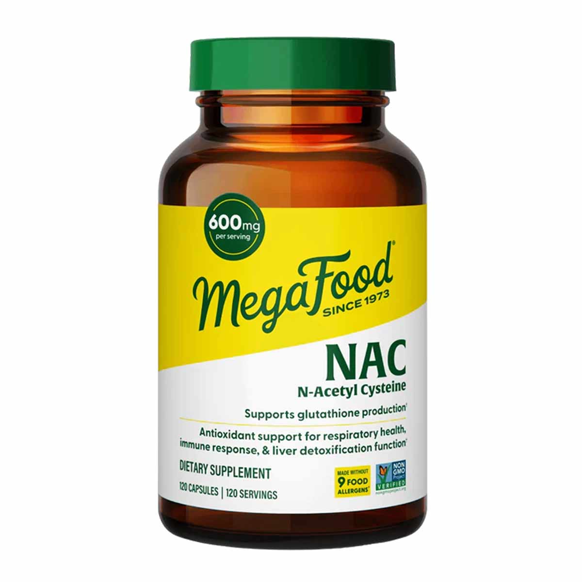 Amber glass bottle with green cap labeled MegaFood NAC N-Acetyl Cysteine 600mg per serving, 120 capsules.
