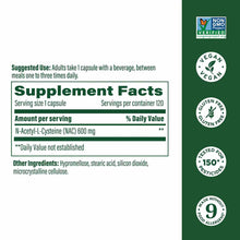 Supplement Facts label for NAC N-Acetyl Cysteine 600mg capsules with Non-GMO Project Verified, vegan, gluten-free, and allerg