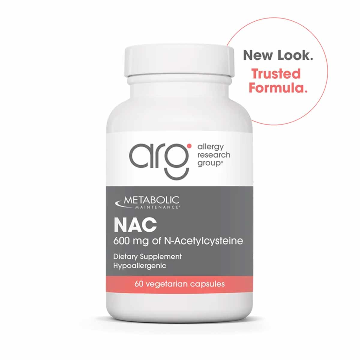 White bottle of NAC 600 mg dietary supplement by Allergy Research Group containing 60 vegetarian capsules.
