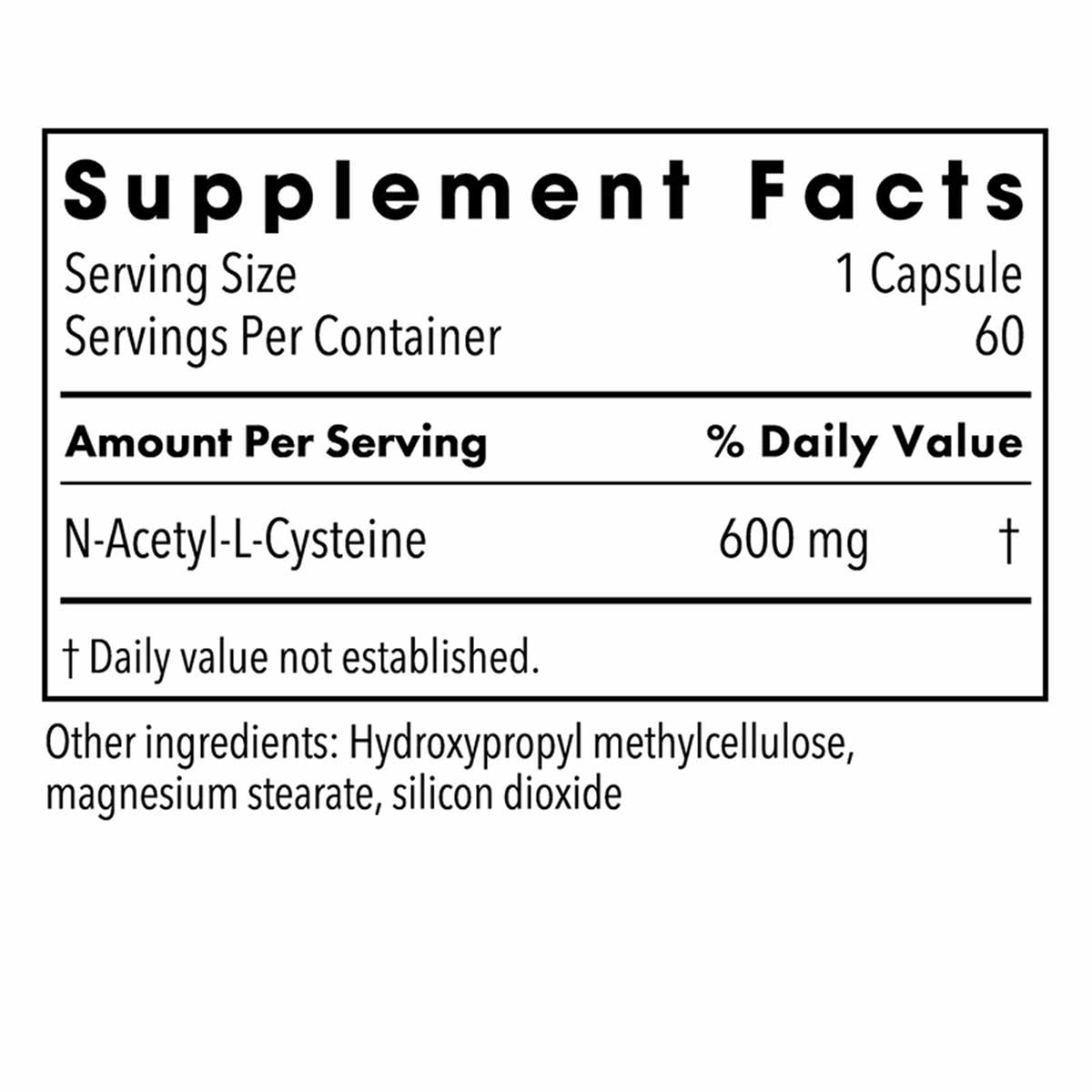Supplement Facts label showing NAC 600 mg per capsule, 60 servings per container, with ingredient list.
