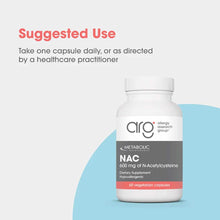 White bottle of NAC 600 mg by Allergy Research Group containing 60 vegetarian capsules.