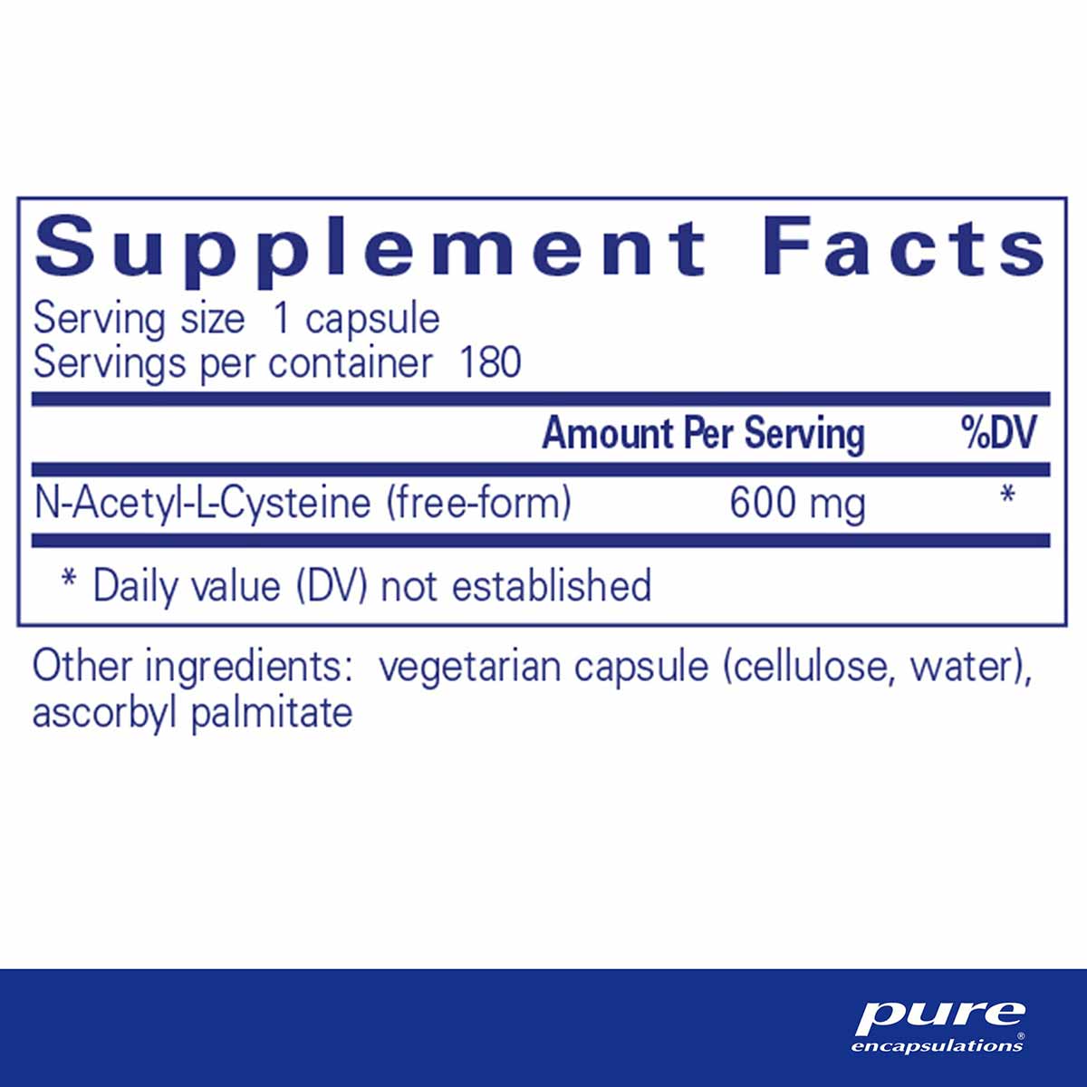 Supplement Facts label showing NAC 600 mg per capsule, 180 servings per container, with vegetarian capsule ingredients listed