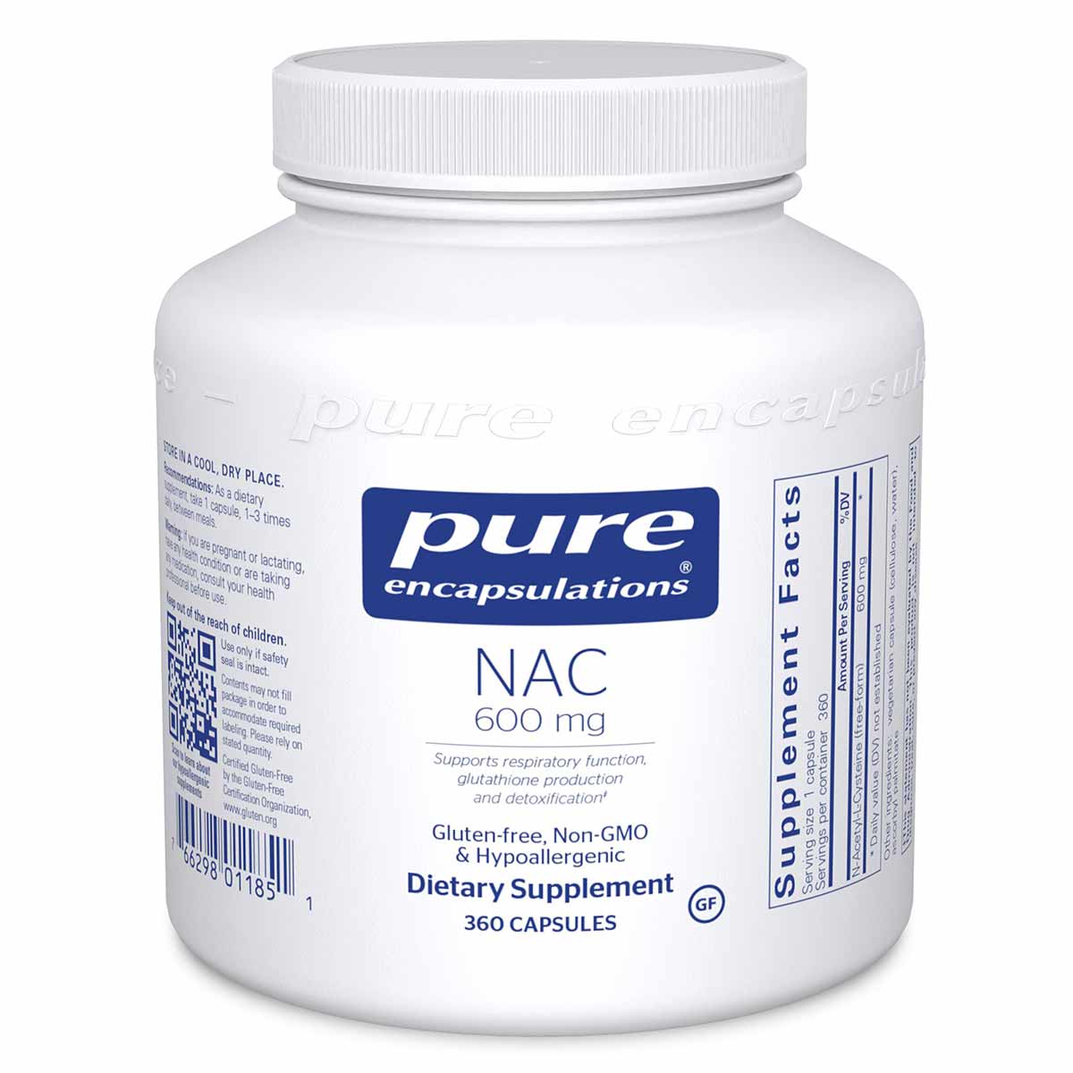 White bottle of Pure Encapsulations NAC 600 mg dietary supplement containing 360 capsules with blue and white labeling.