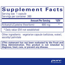 Supplement Facts label showing NAC 600 mg per capsule, 360 servings per container, with vegetarian capsule ingredients listed