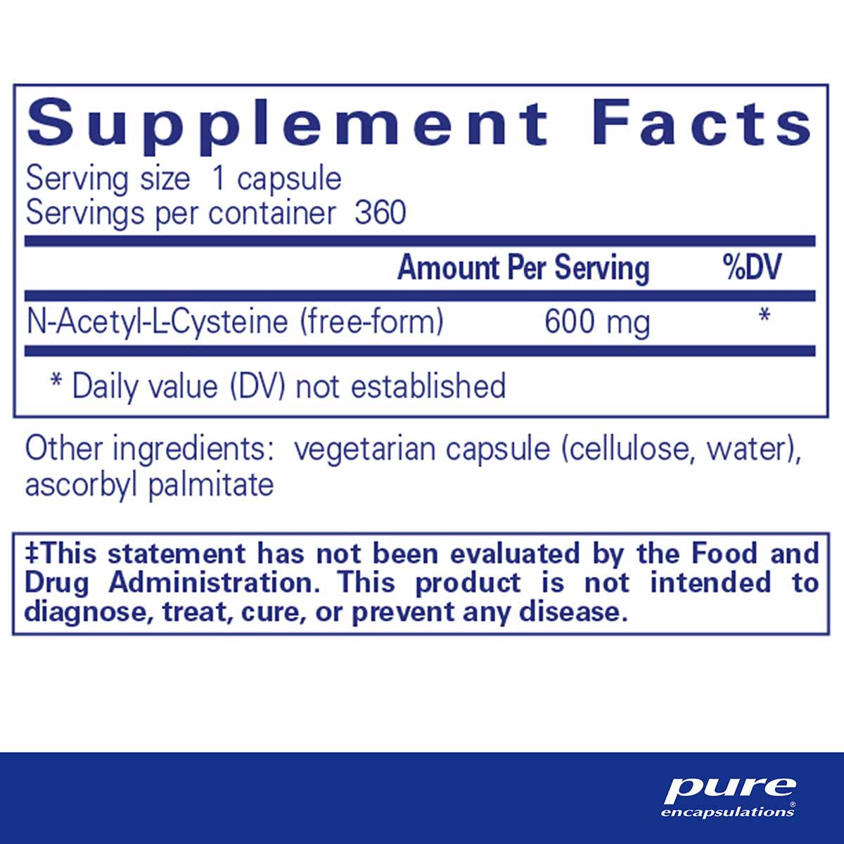 Supplement Facts label showing NAC 600 mg per capsule, 360 servings per container, with vegetarian capsule ingredients listed