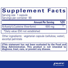 Supplement Facts label for NAC 600 mg capsules showing 90 servings per container with N-Acetyl-L-Cysteine as active ingredien