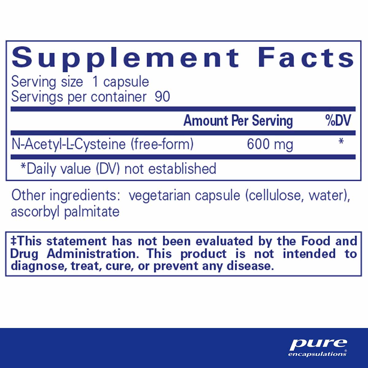 Supplement Facts label for NAC 600 mg capsules showing 90 servings per container with N-Acetyl-L-Cysteine as active ingredien