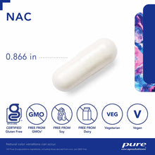 White capsule labeled NAC by Pure Encapsulations, 0.866 inches in size, certified gluten-free, GMO-free, soy-free, dairy-free