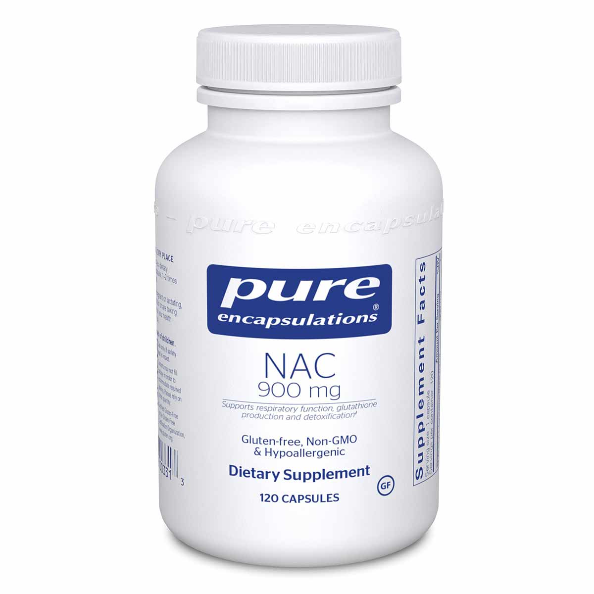 White bottle of Pure Encapsulations NAC 900 mg dietary supplement containing 120 capsules with white screw cap.
