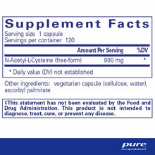 Supplement Facts label showing NAC 900 mg per capsule, 120 servings per container, with vegetarian capsule ingredients.