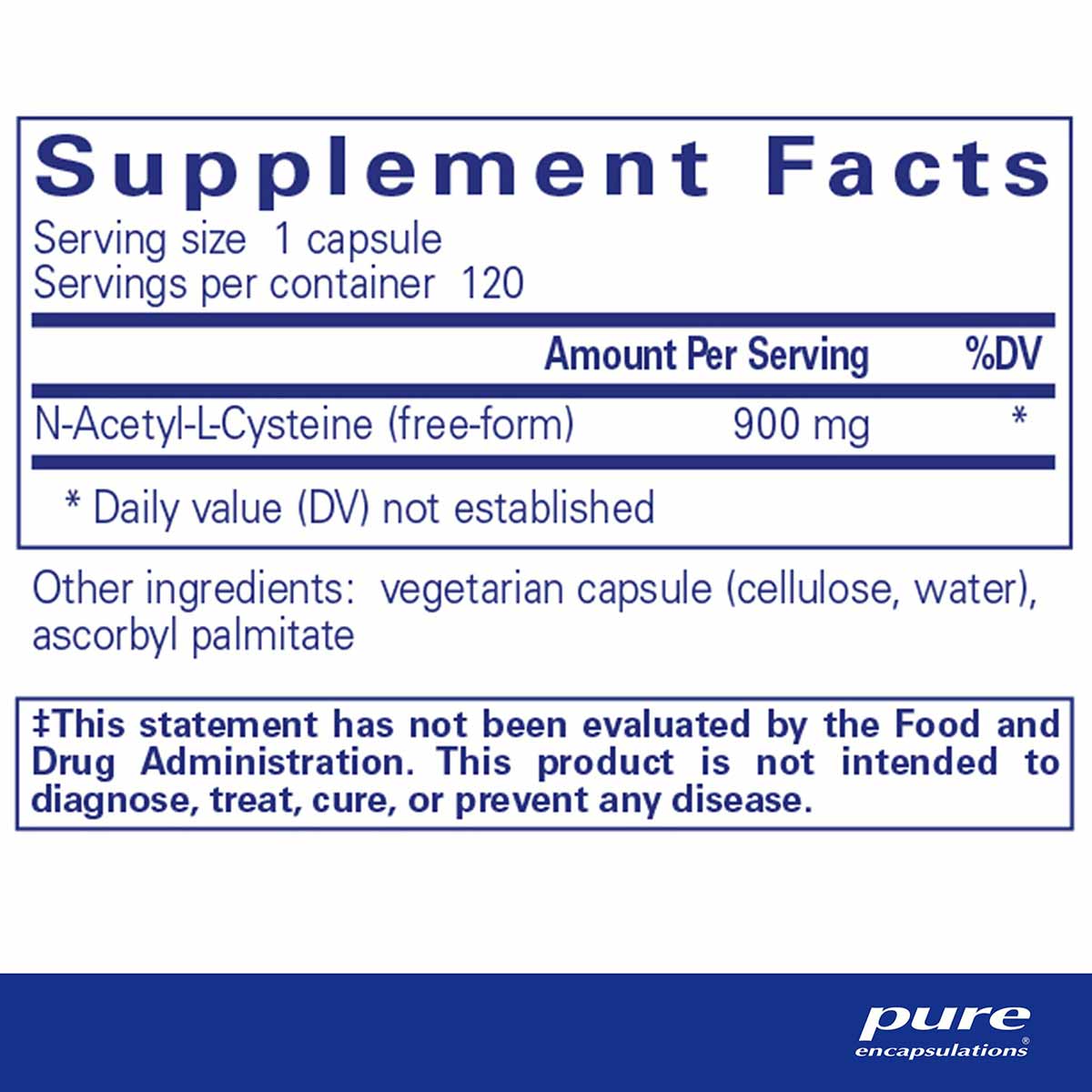 Supplement Facts label showing NAC 900 mg per capsule, 120 servings per container, with vegetarian capsule ingredients.