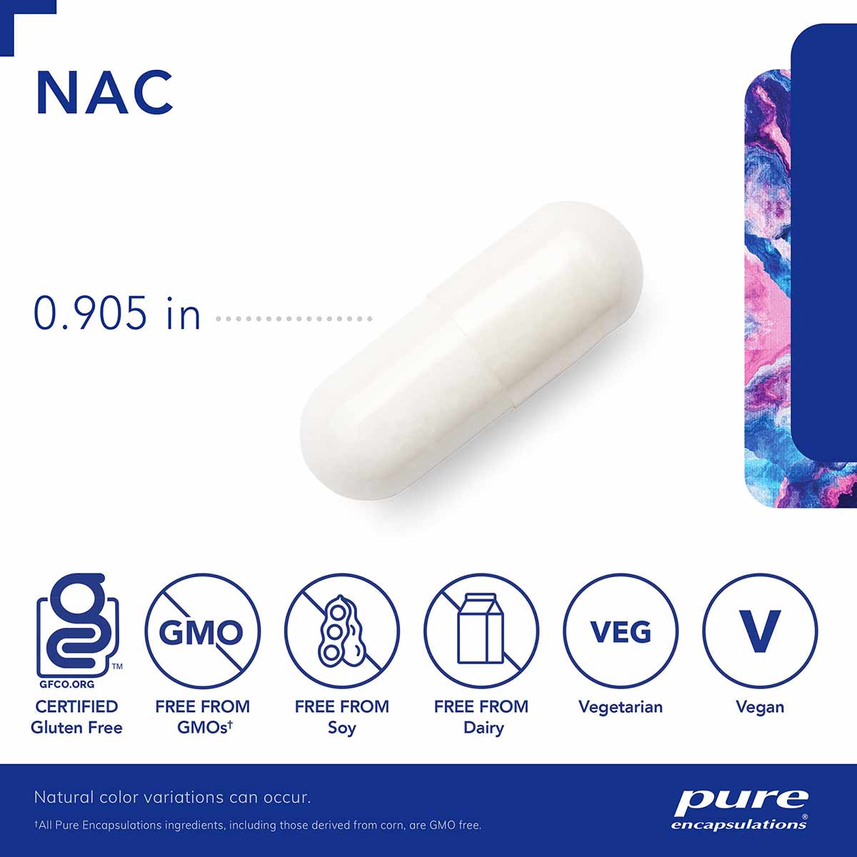 White NAC 900 mg capsule measuring 0.905 inches, certified gluten-free, GMO-free, soy-free, dairy-free, vegetarian and vegan.