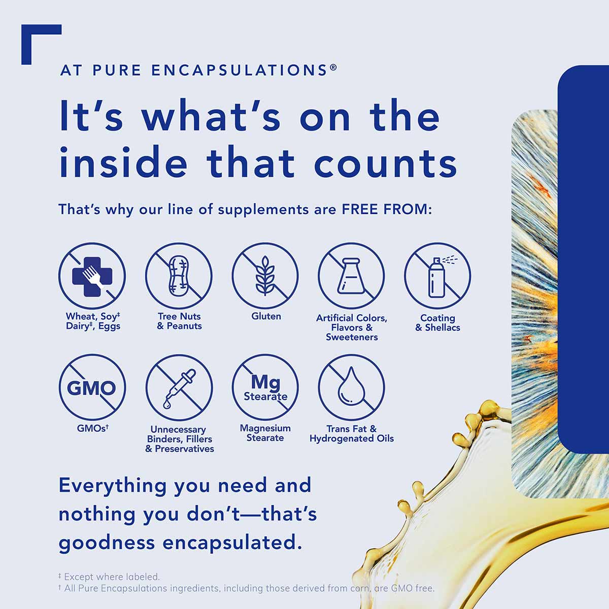 Pure Encapsulations product information page listing supplement ingredients free from allergens, GMOs, and artificial additiv