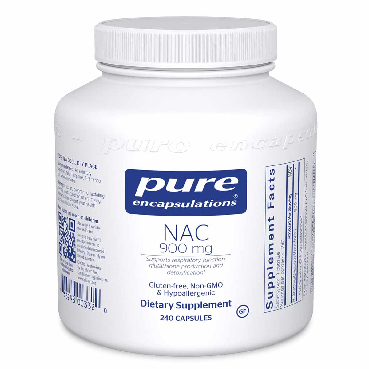 White bottle of Pure Encapsulations NAC 900 mg dietary supplement containing 240 capsules with white screw-top lid.