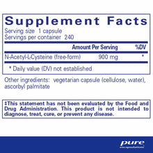 Supplement Facts label for NAC 900 mg capsules showing 900 mg N-Acetyl-L-Cysteine per serving with 240 servings per container