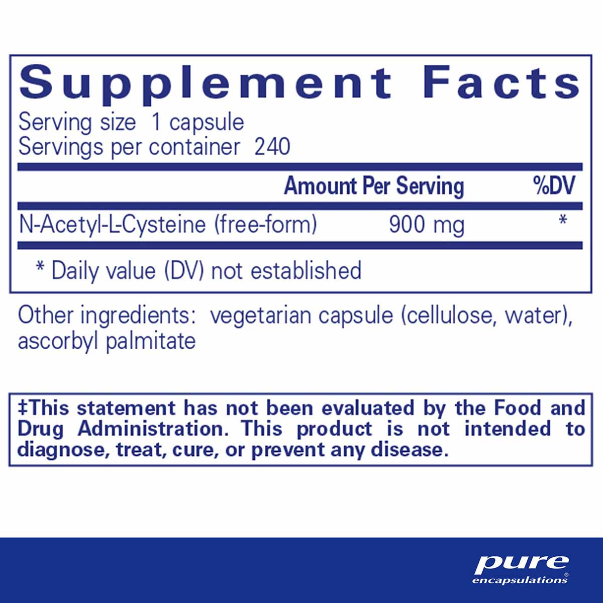 Supplement Facts label for NAC 900 mg capsules showing 900 mg N-Acetyl-L-Cysteine per serving with 240 servings per container