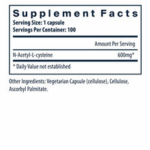 Supplement Facts label for NAC N-Acetyl-L-Cysteine 600mg capsules, 100 servings per container.