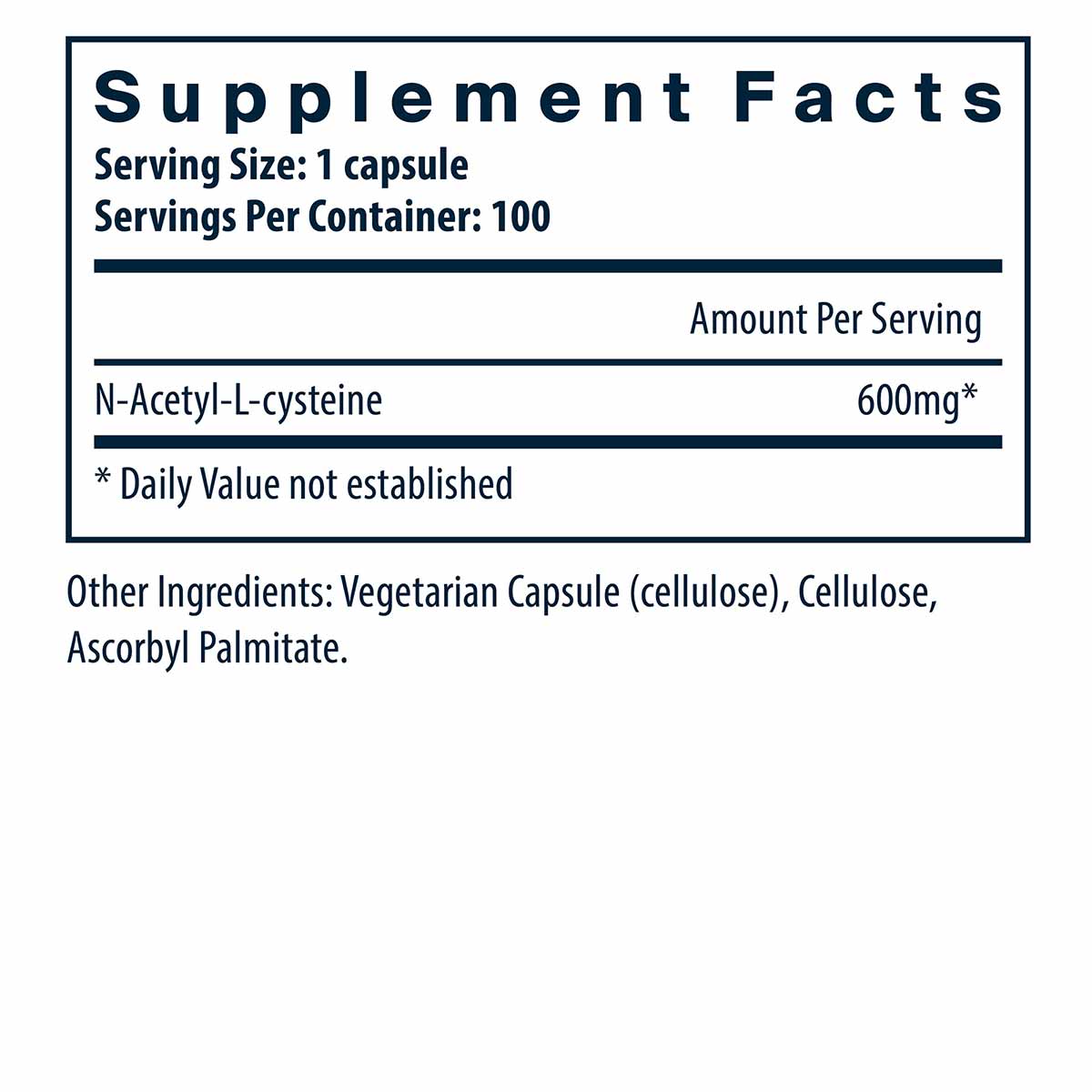 Supplement Facts label for NAC N-Acetyl-L-Cysteine 600mg capsules, 100 servings per container.