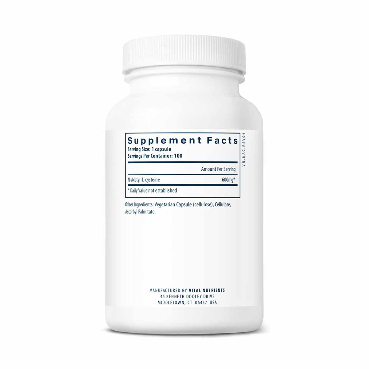 White bottle of NAC N-Acetyl-L-Cysteine 600mg capsules by Vital Nutrients with supplement facts label visible.