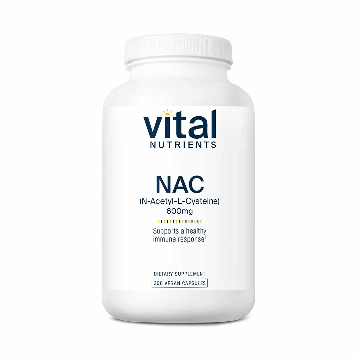White bottle of Vital Nutrients NAC 600mg dietary supplement containing 200 vegan capsules.