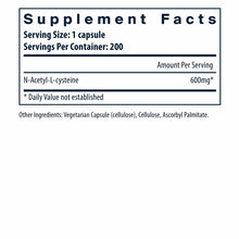 Supplement Facts label showing NAC 600mg per capsule serving size with 200 servings per container.