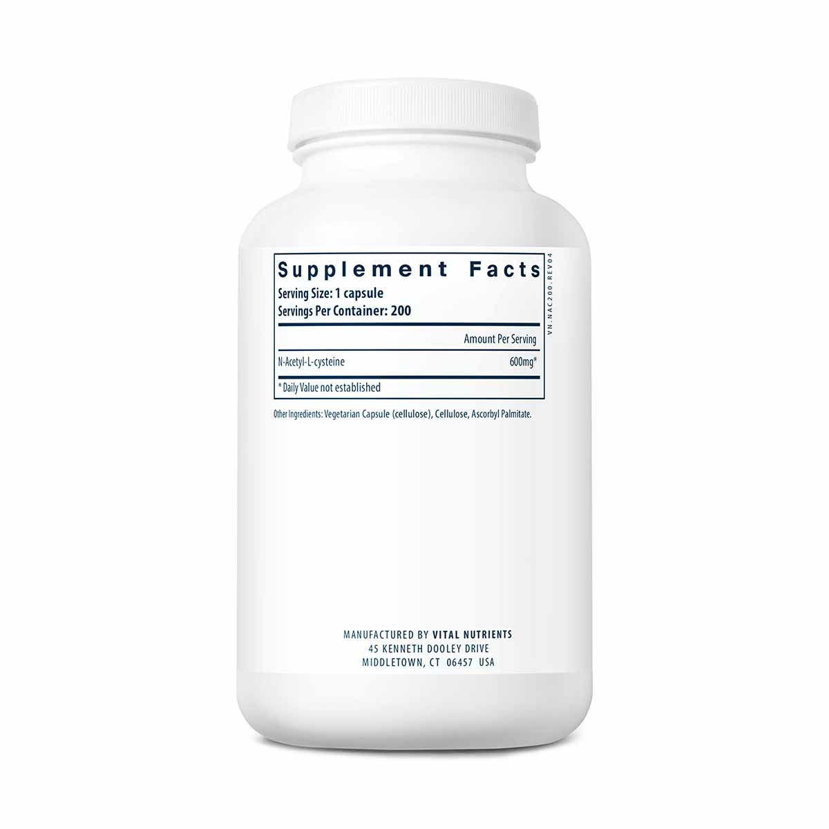 White bottle of NAC N-Acetyl-L-Cysteine supplement with white cap and label showing supplement facts and ingredient informati