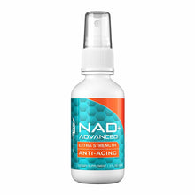 White spray bottle with teal and orange label reading "NAD+ Advanced Extra Strength Anti-Aging" and "Dietary Supplement 2 FL 