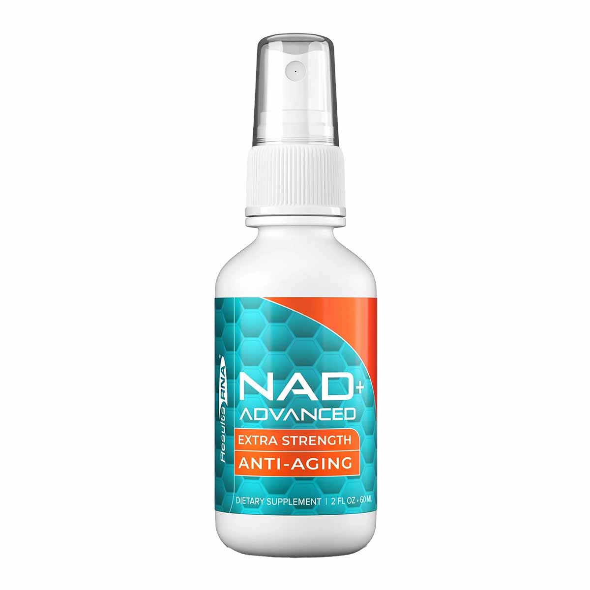 White spray bottle with teal and orange label reading "NAD+ Advanced Extra Strength Anti-Aging" and "Dietary Supplement 2 FL 