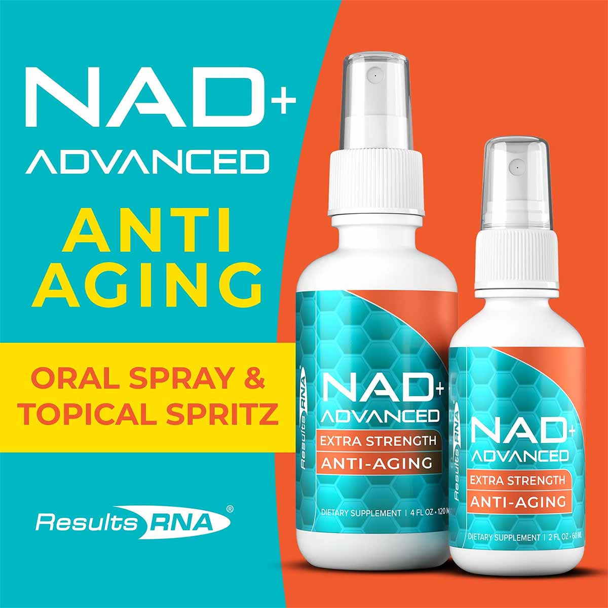 Two white spray bottles of NAD+ Advanced Extra Strength Anti-Aging oral spray by Results RNA on colorful background.