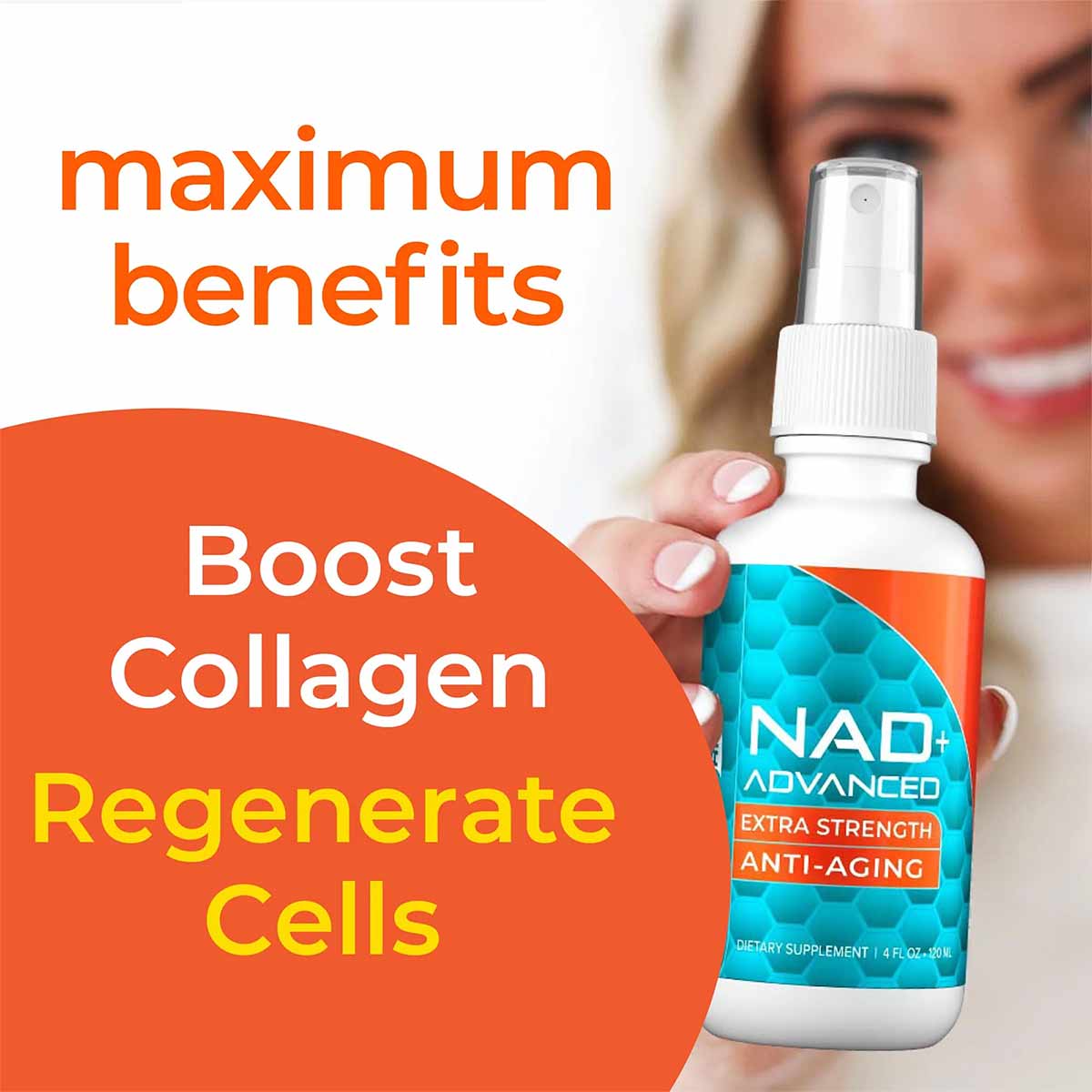 White spray bottle with blue and orange label held by person, displaying NAD+ Advanced Extra Strength Anti-Aging dietary supp