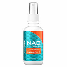 Clear spray bottle with white pump top and label reading "NAD+ Advanced Extra Strength Anti-Aging" in turquoise and orange de