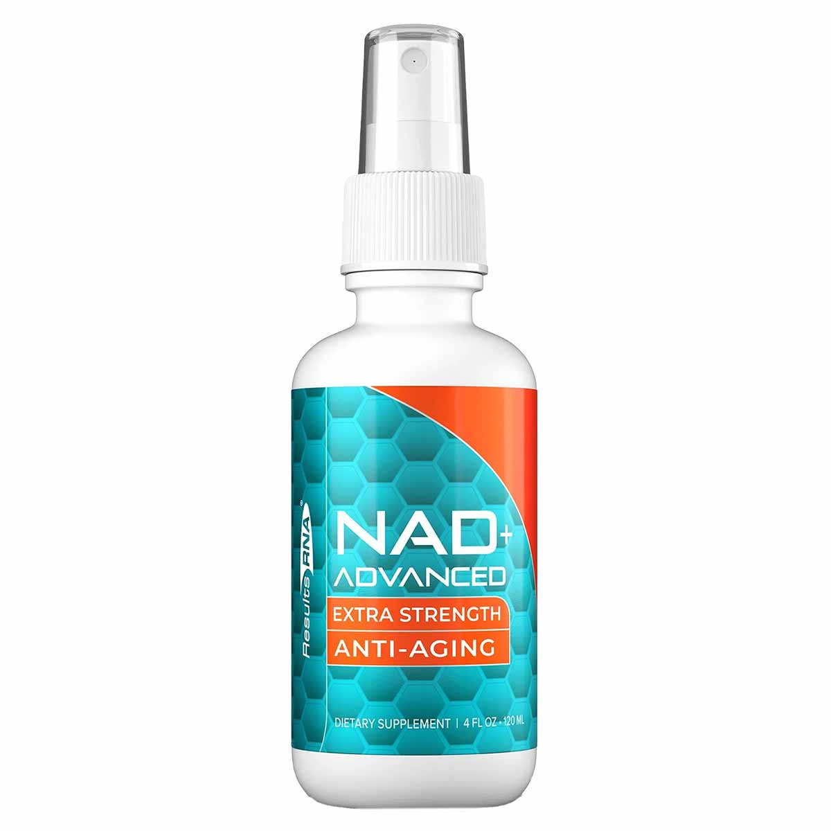Clear spray bottle with white pump top and label reading "NAD+ Advanced Extra Strength Anti-Aging" in turquoise and orange de