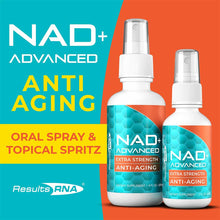 Two white spray bottles labeled NAD+ Advanced Extra Strength Anti-Aging by Results RNA, displayed against a turquoise and ora