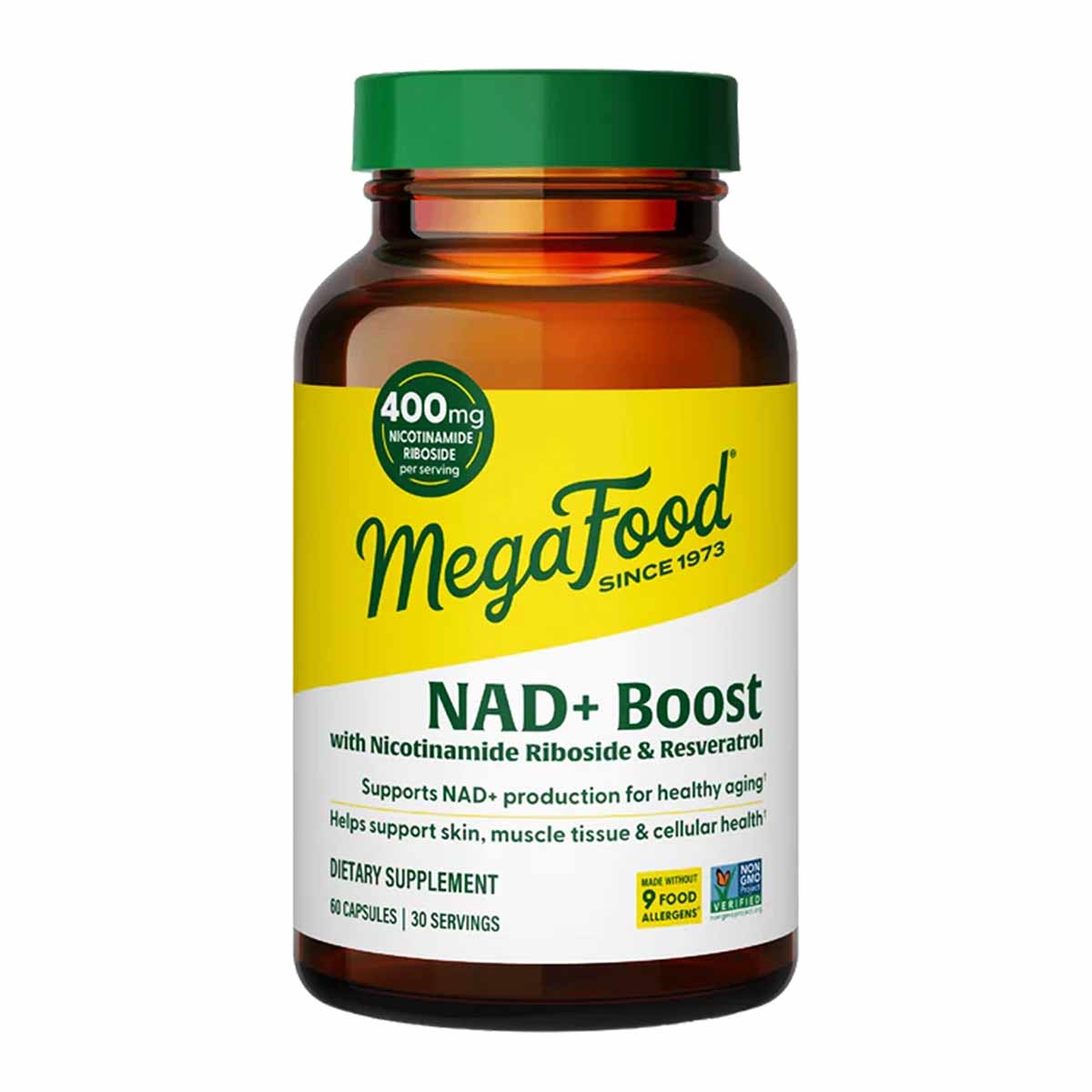Brown glass bottle with green cap labeled "MegaFood NAD+ Boost" containing 60 capsules for 30 servings.