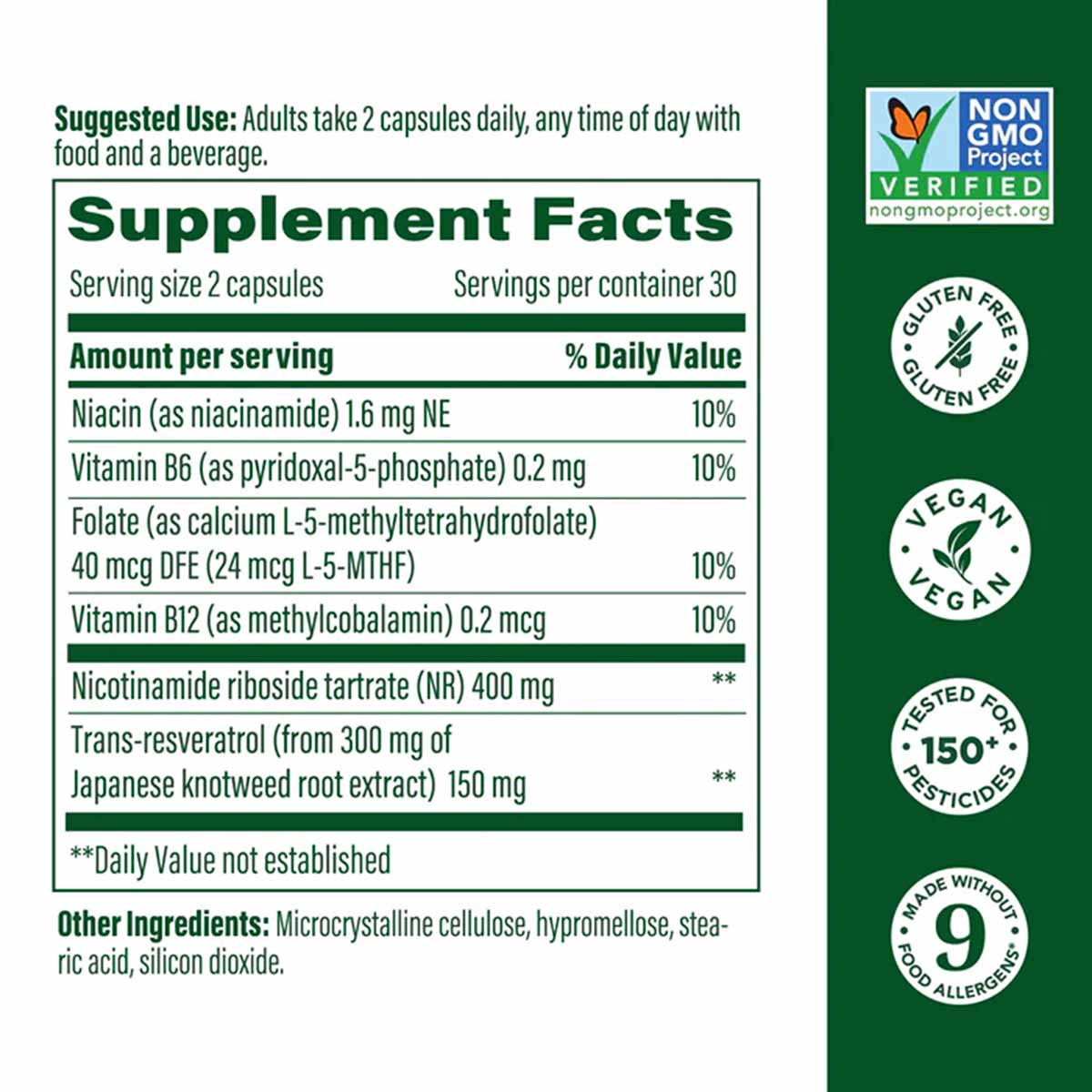 Supplement Facts label for NAD+ Boost showing ingredients including niacinamide, vitamin B6, folate, vitamin B12, and nicotin