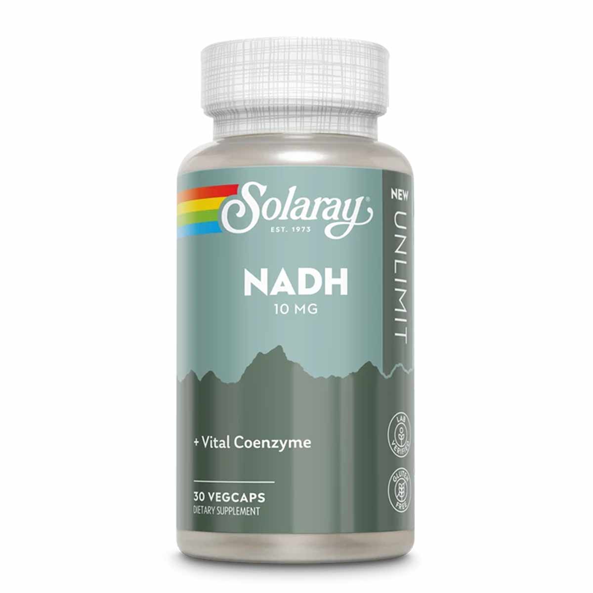 Solaray NADH 10 mg supplement bottle with white cap and teal label featuring mountain design and "30 vegcaps" text.