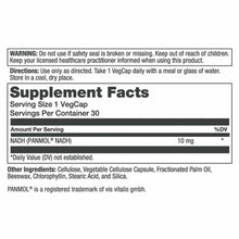 Solaray NADH 10 mg supplement facts label showing serving size, ingredients, and usage directions for vegetable capsules.