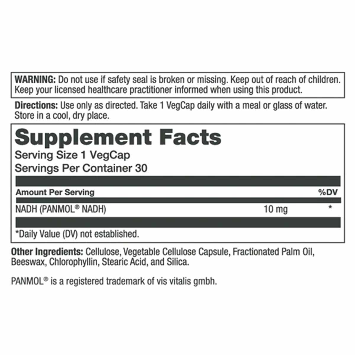 Solaray NADH 10 mg supplement facts label showing serving size, ingredients, and usage directions for vegetable capsules.