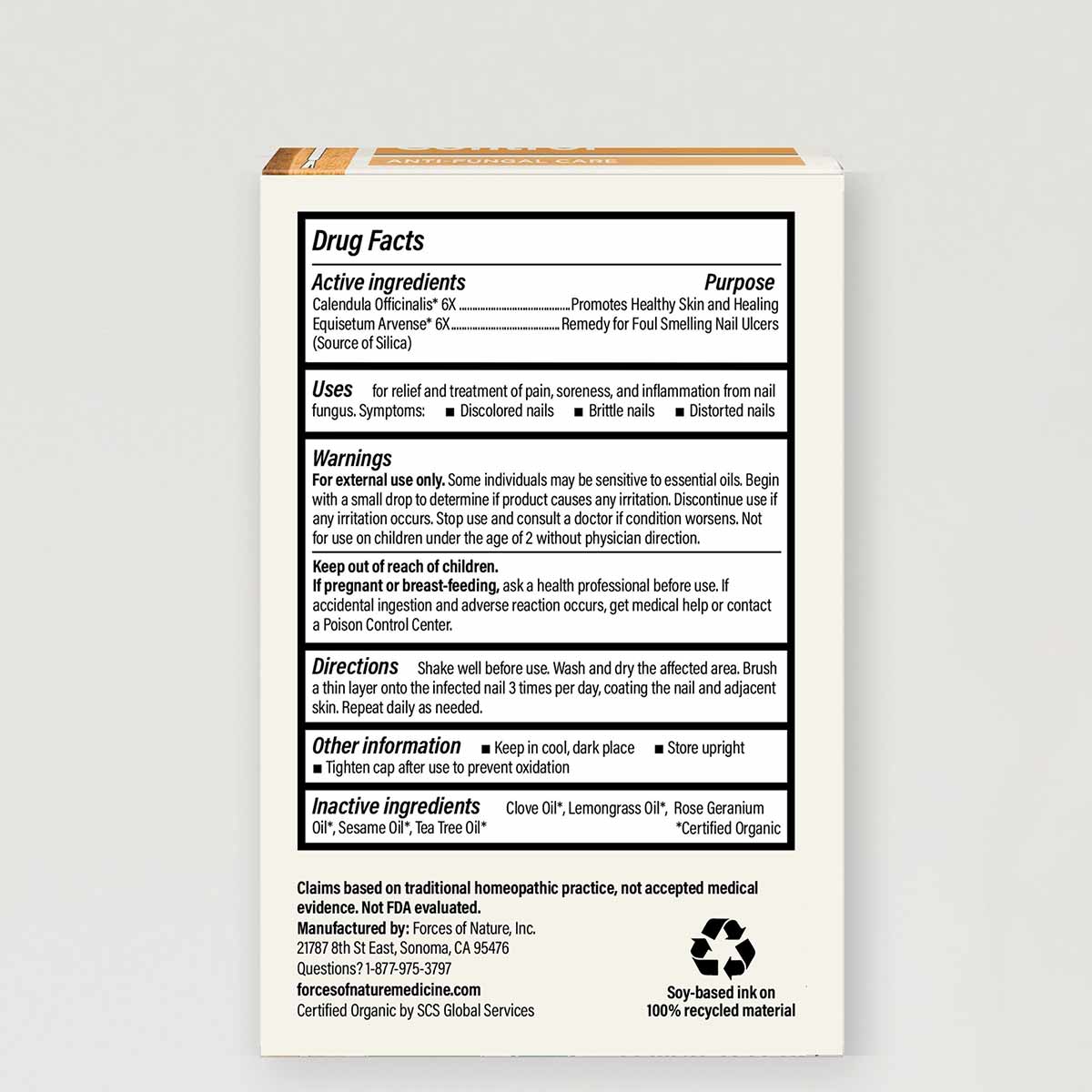 White product box displaying Drug Facts label for nail fungus control with active ingredients, usage instructions, and warnin
