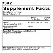 D3K2 supplement facts label showing vitamin D3 and K2 MK-7 content with 100 servings per 1.7 oz container.