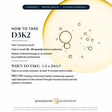 D3K2 supplement bottle label showing dosage instructions, ingredient information, and golden liquid droplets on cream backgro