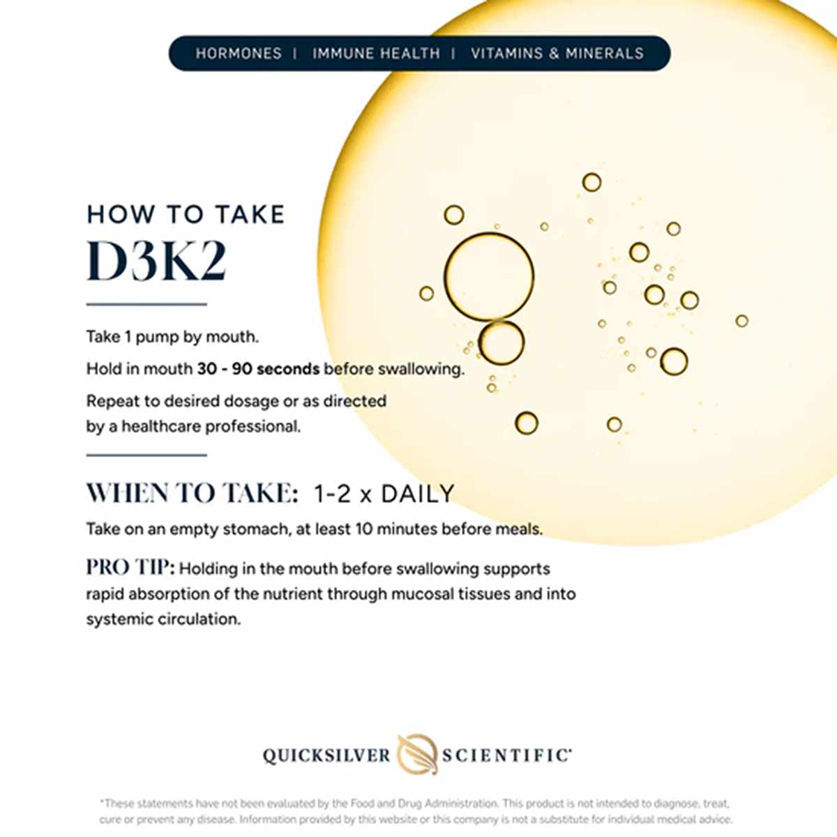 D3K2 supplement bottle label showing dosage instructions, ingredient information, and golden liquid droplets on cream backgro